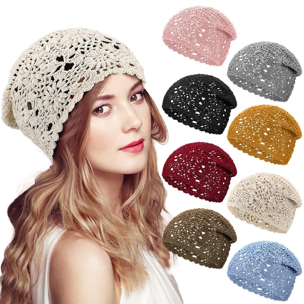 2955 8 Pcs Crochet Slouchy Beanie Hat Handmade Knit Floral Skull Cap